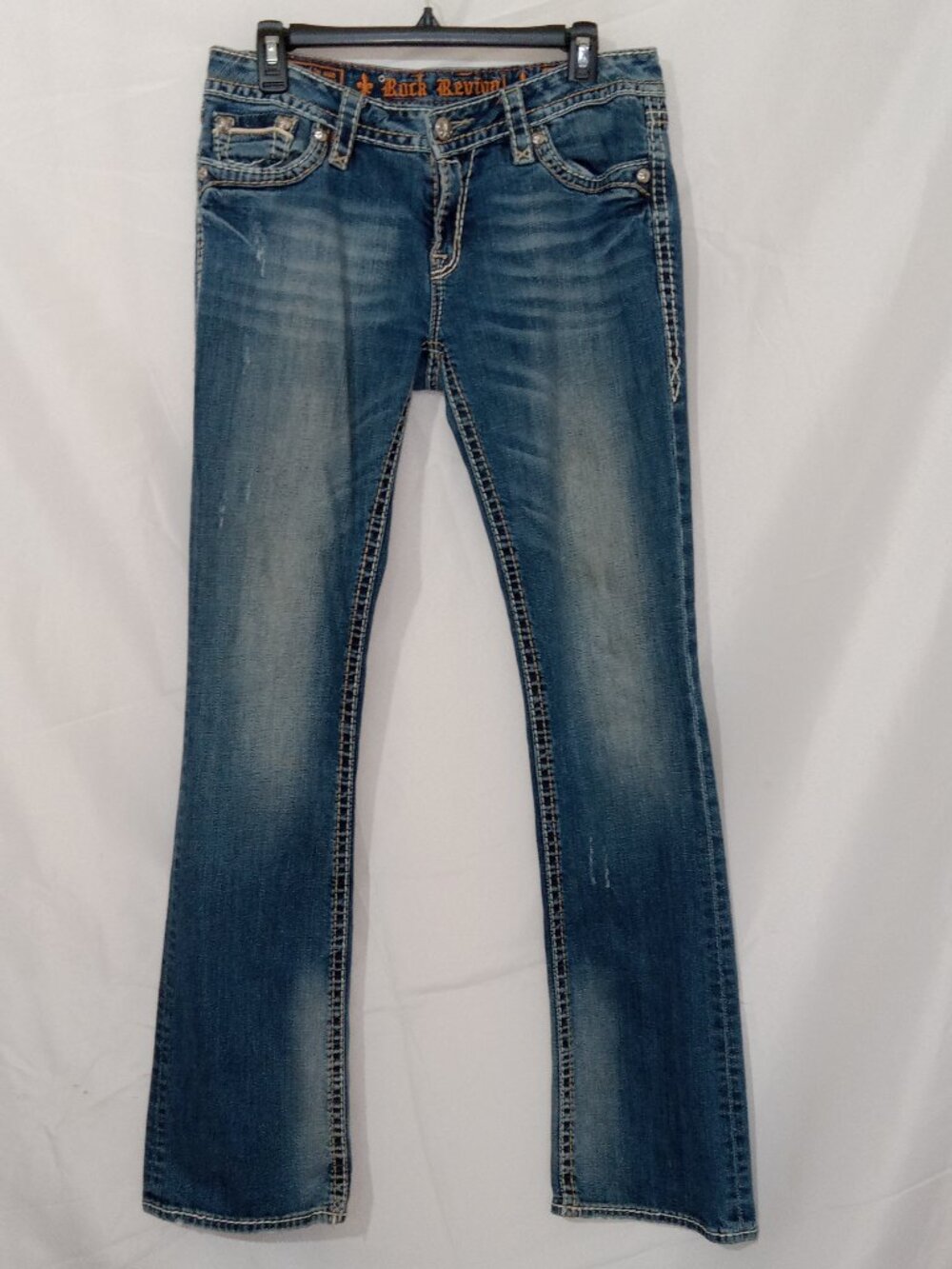 Rock Revival Kelly Boot Cut Jeans Dark Wash Flap Pocket Thick Stitch Size 31